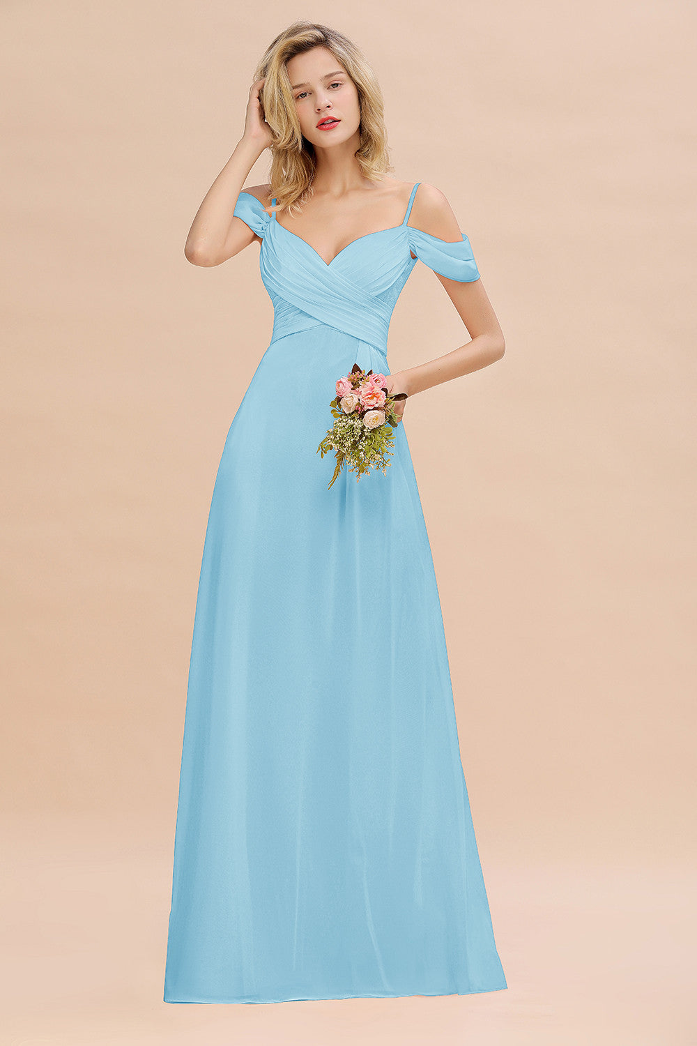 Off-the-Shoulder Sweetheart Ruched Long Bridesmaid Dress Online-27dress