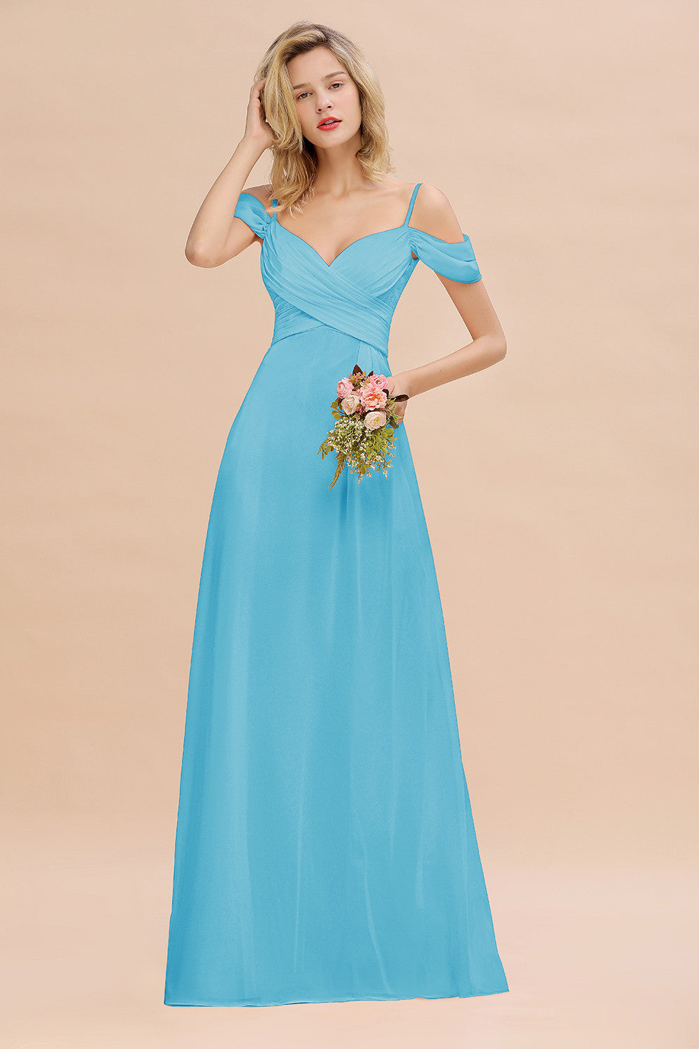 Off-the-Shoulder Sweetheart Ruched Long Bridesmaid Dress Online-27dress