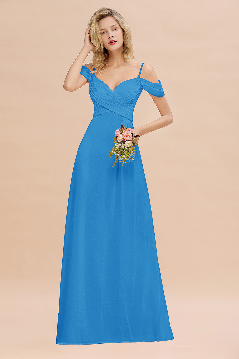 Off-the-Shoulder Sweetheart Ruched Long Bridesmaid Dress Online-27dress