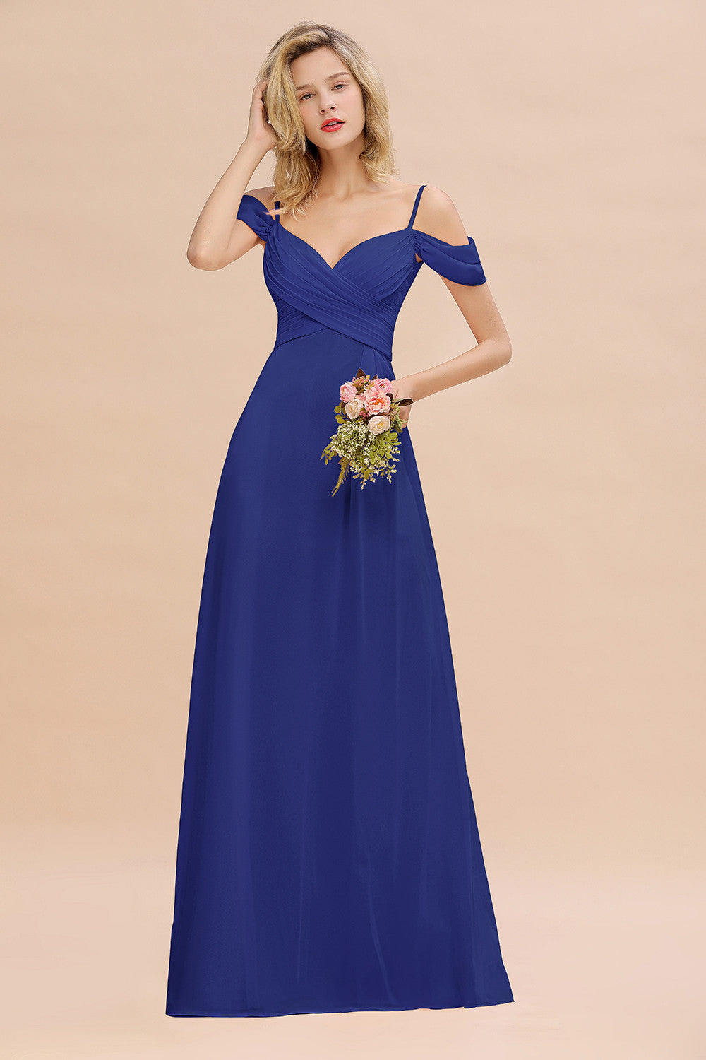 Off-the-Shoulder Sweetheart Ruched Long Bridesmaid Dress Online-27dress