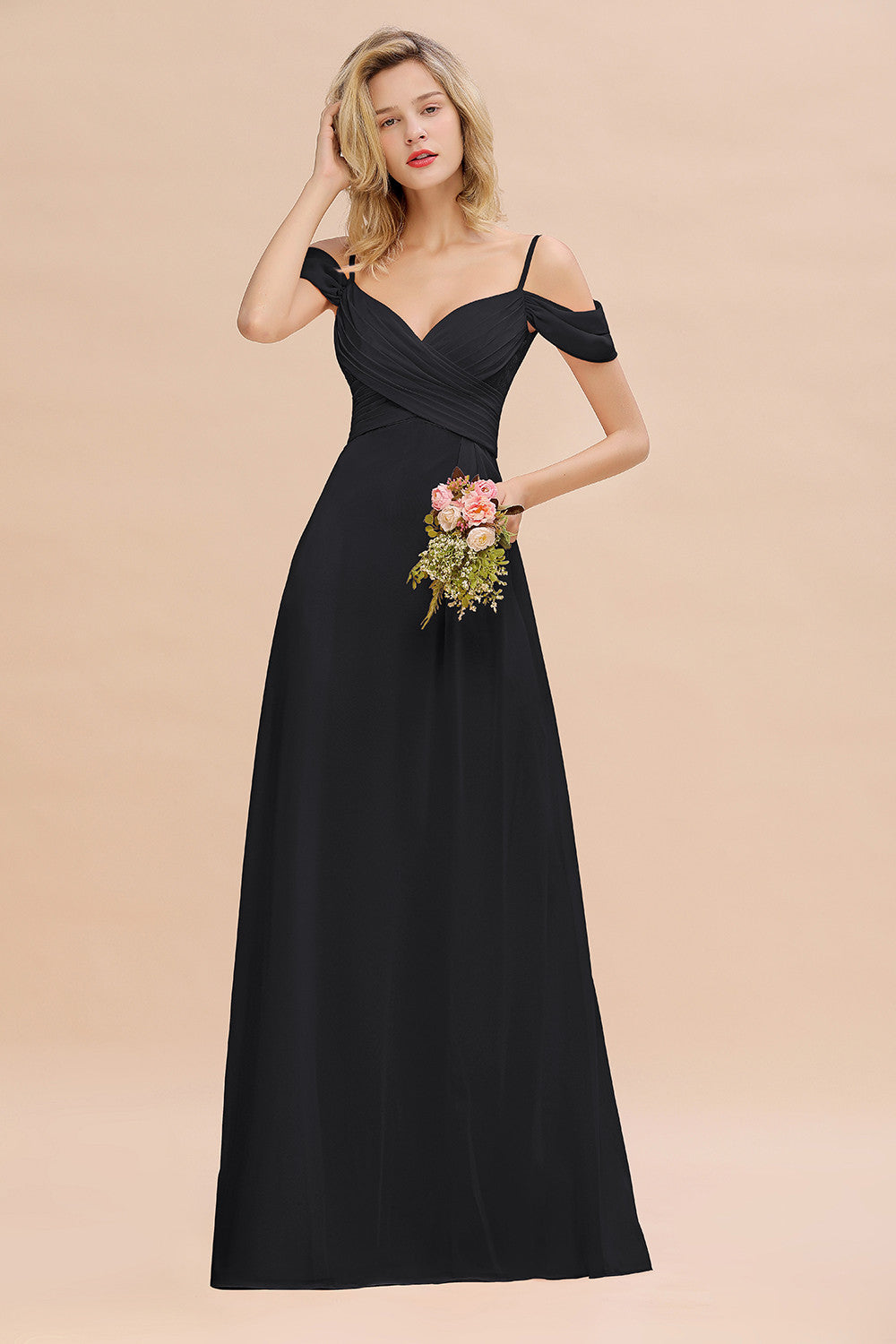 Off-the-Shoulder Sweetheart Ruched Long Bridesmaid Dress Online-27dress