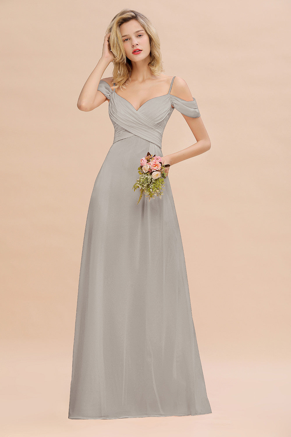 Off-the-Shoulder Sweetheart Ruched Long Bridesmaid Dress Online-27dress