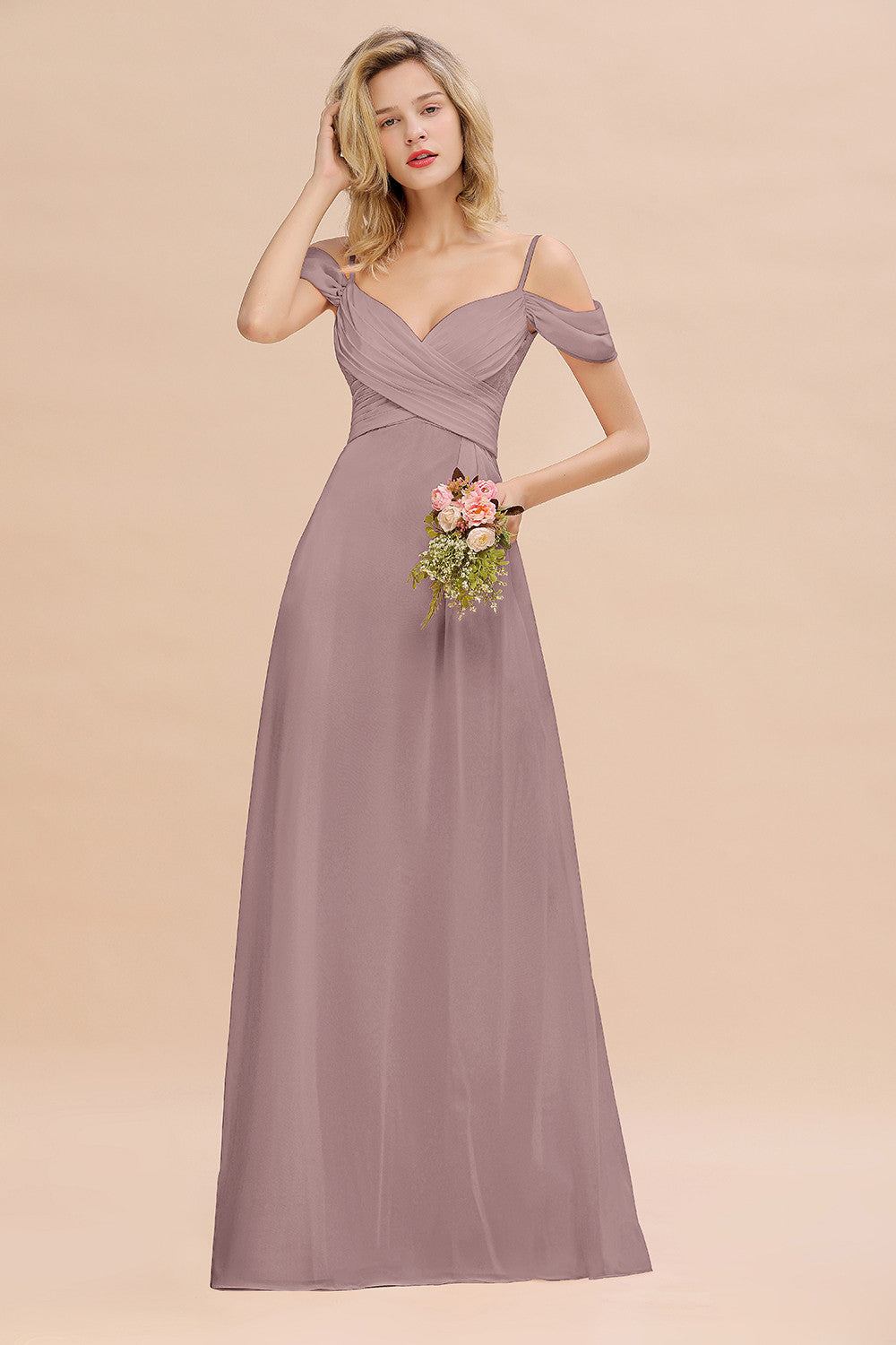 Off-the-Shoulder Sweetheart Ruched Long Bridesmaid Dress Online-27dress