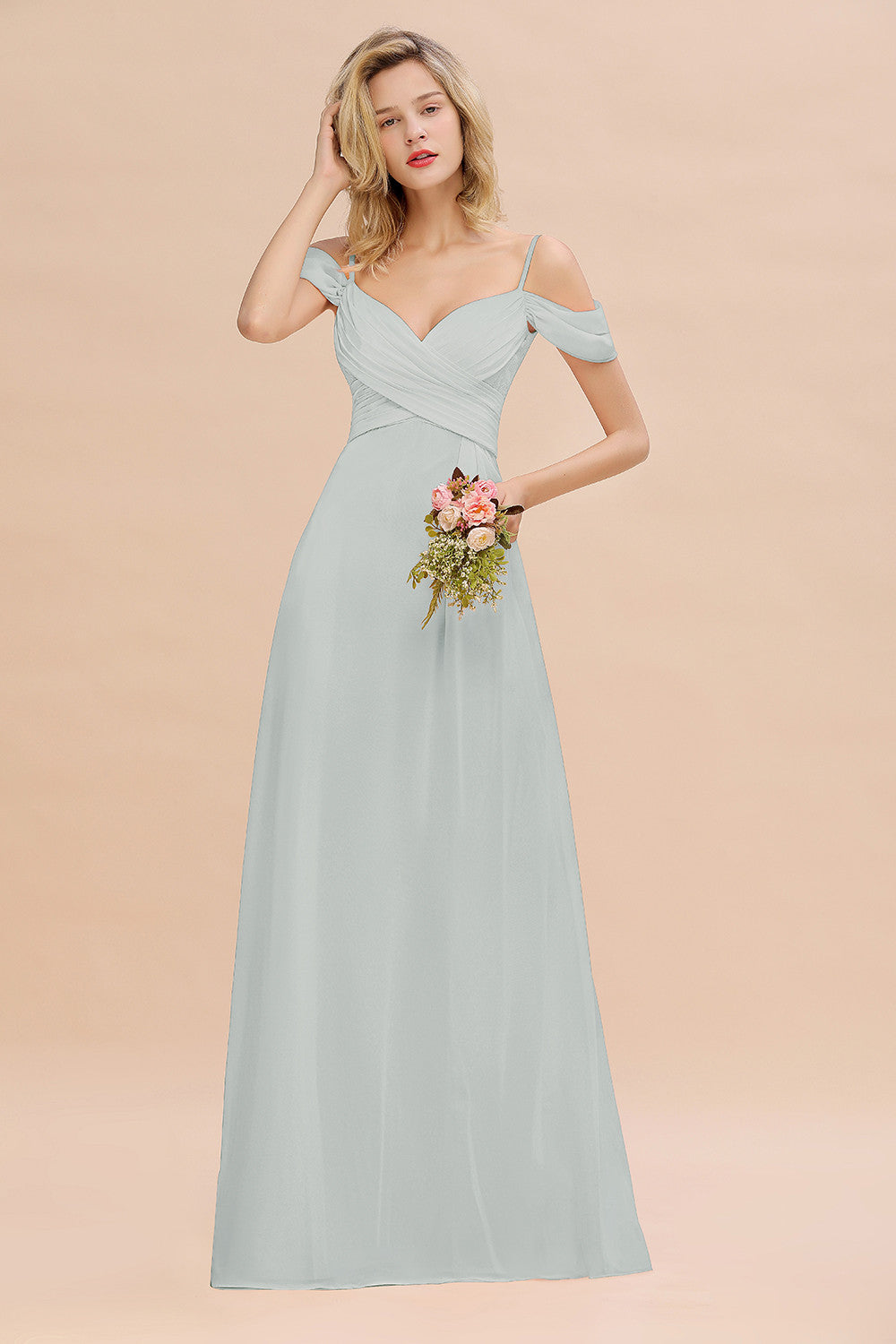 Off-the-Shoulder Sweetheart Ruched Long Bridesmaid Dress Online-27dress