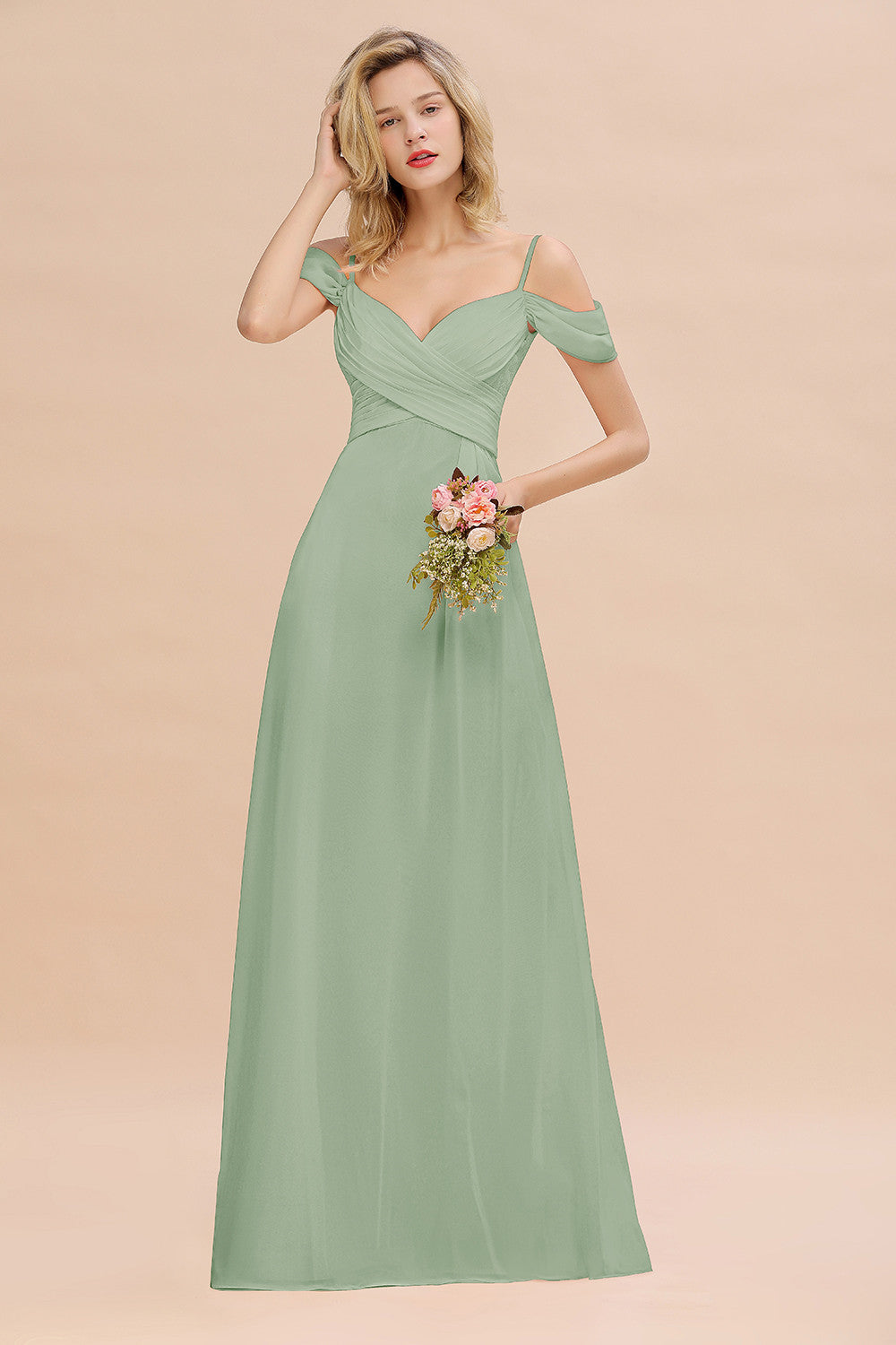 Off-the-Shoulder Sweetheart Ruched Long Bridesmaid Dress Online-27dress