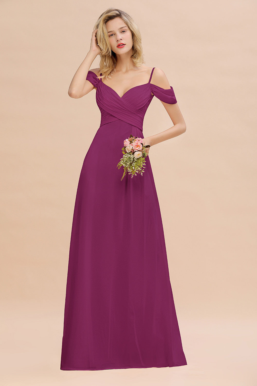 Off-the-Shoulder Sweetheart Ruched Long Bridesmaid Dress Online-27dress