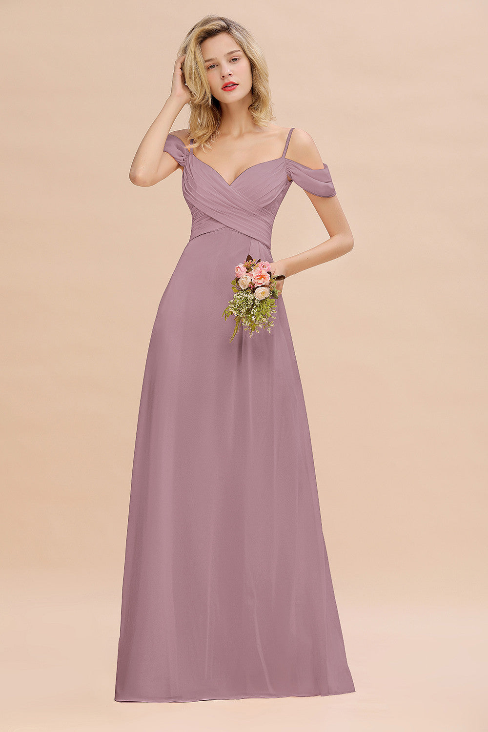 Off-the-Shoulder Sweetheart Ruched Long Bridesmaid Dress Online-27dress