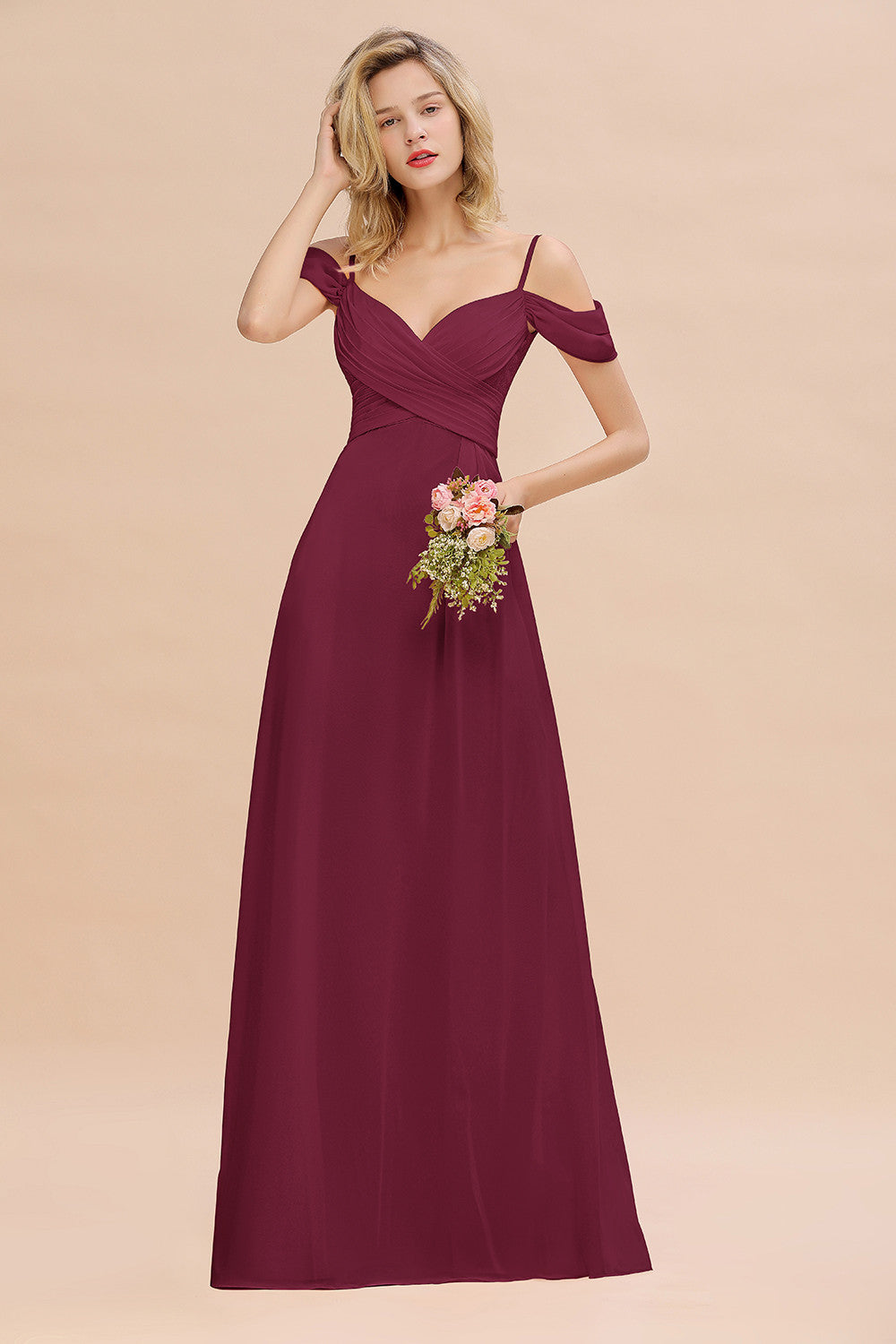 Off-the-Shoulder Sweetheart Ruched Long Bridesmaid Dress Online-27dress