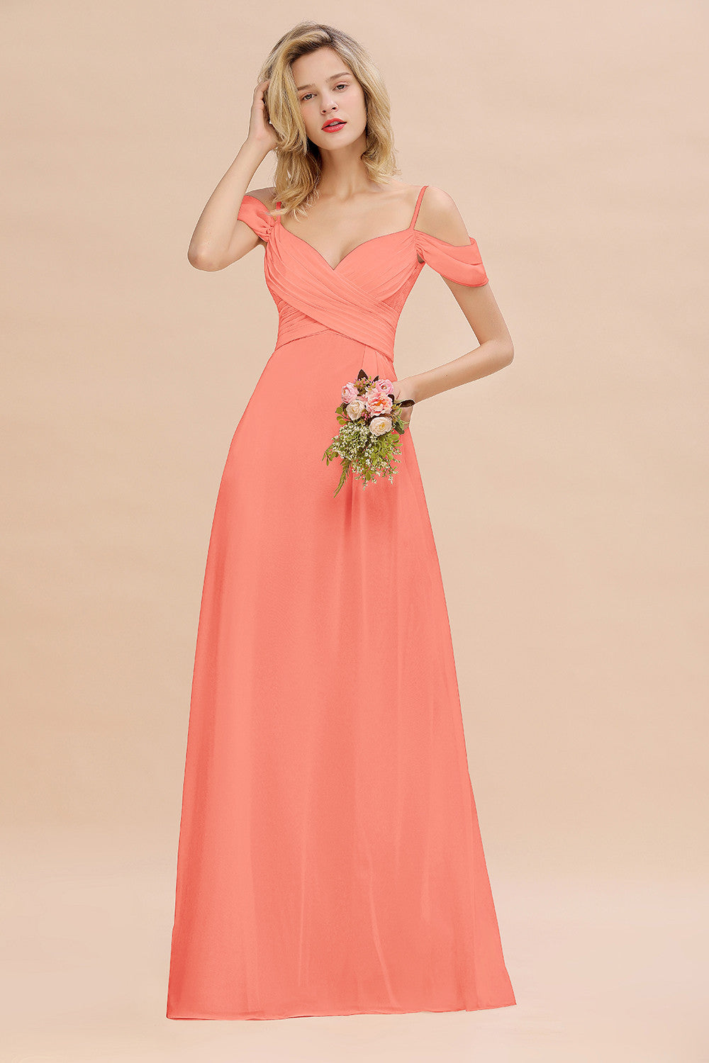 Off-the-Shoulder Sweetheart Ruched Long Bridesmaid Dress Online-27dress