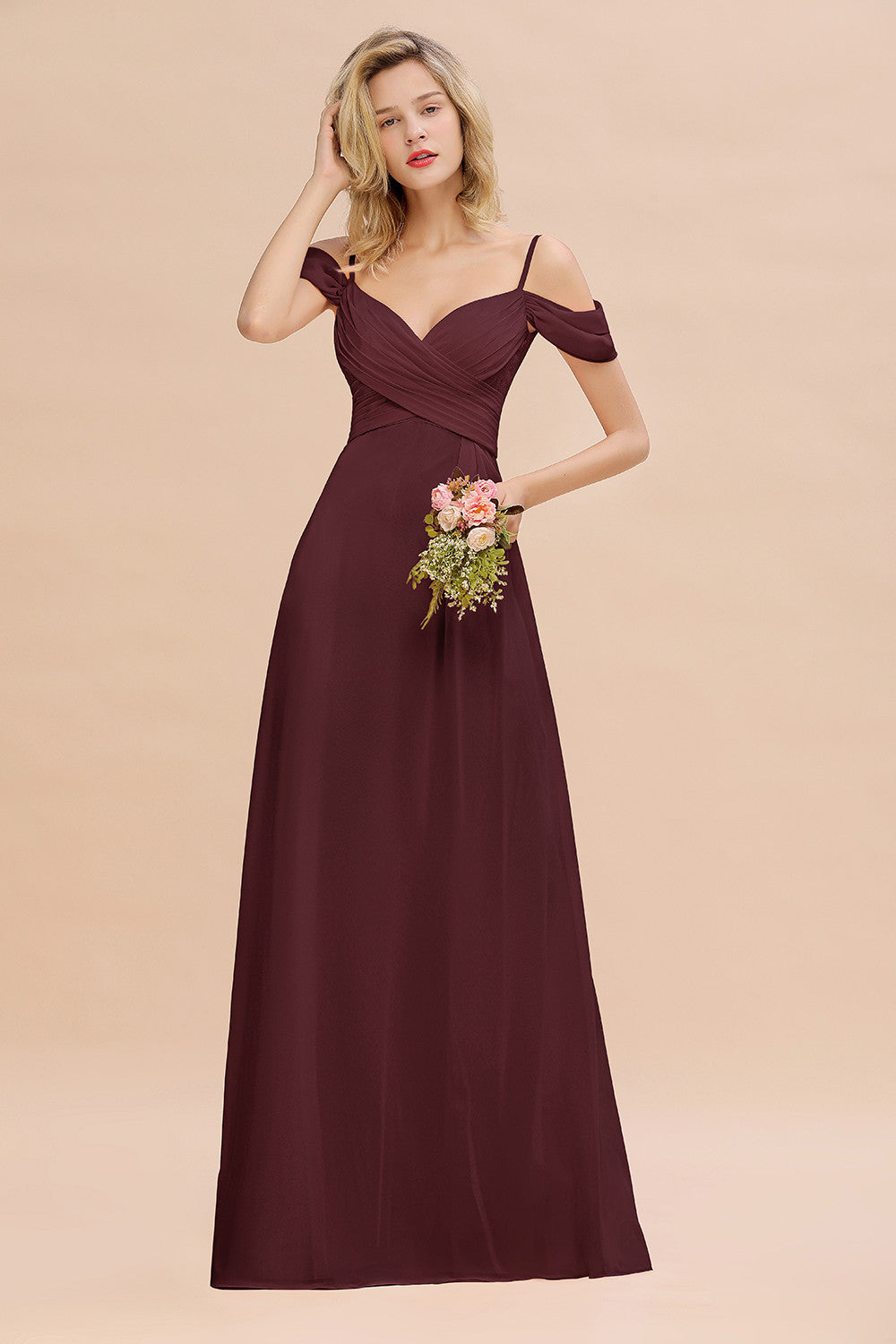Off-the-Shoulder Sweetheart Ruched Long Bridesmaid Dress Online-27dress