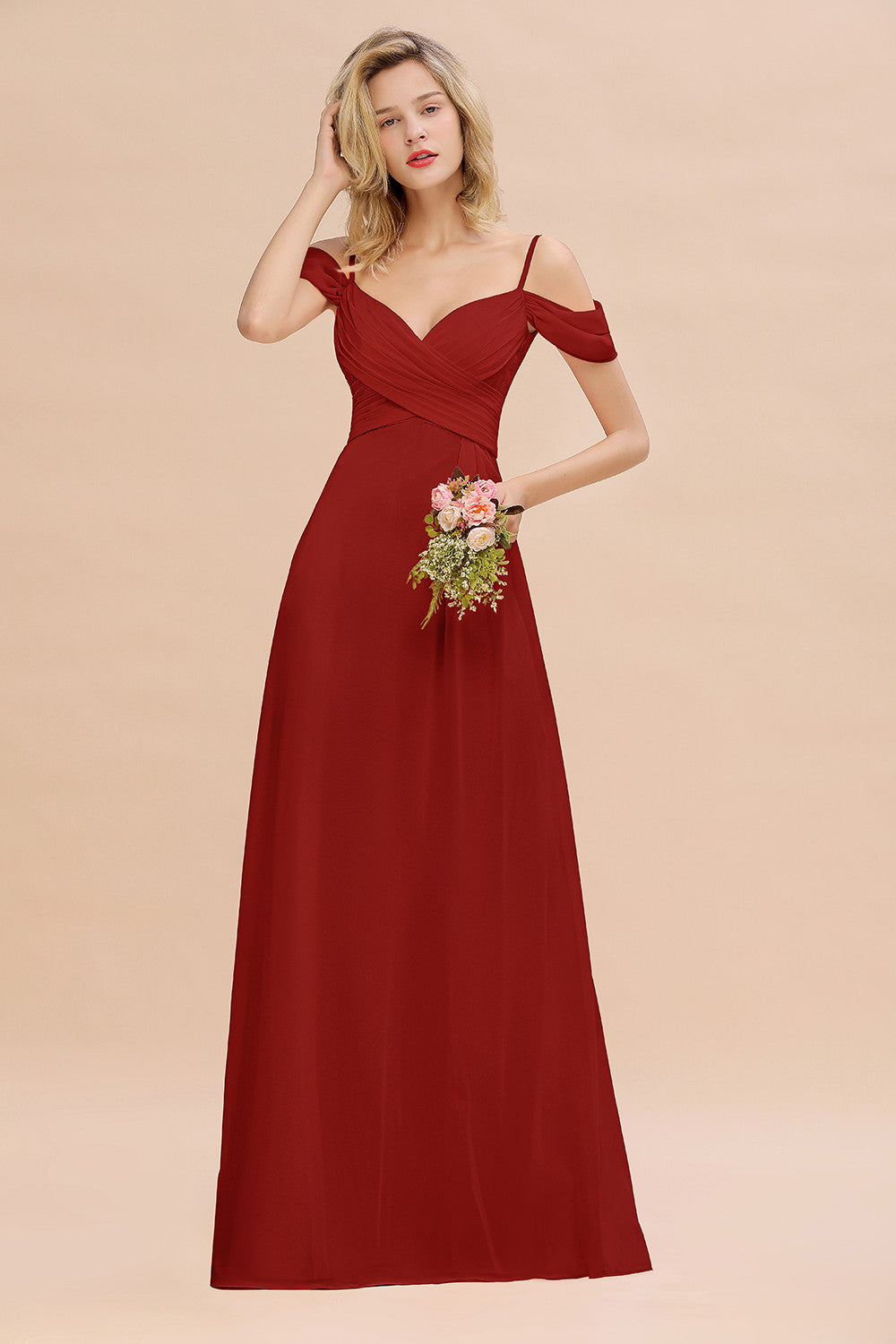 Off-the-Shoulder Sweetheart Ruched Long Bridesmaid Dress Online-27dress