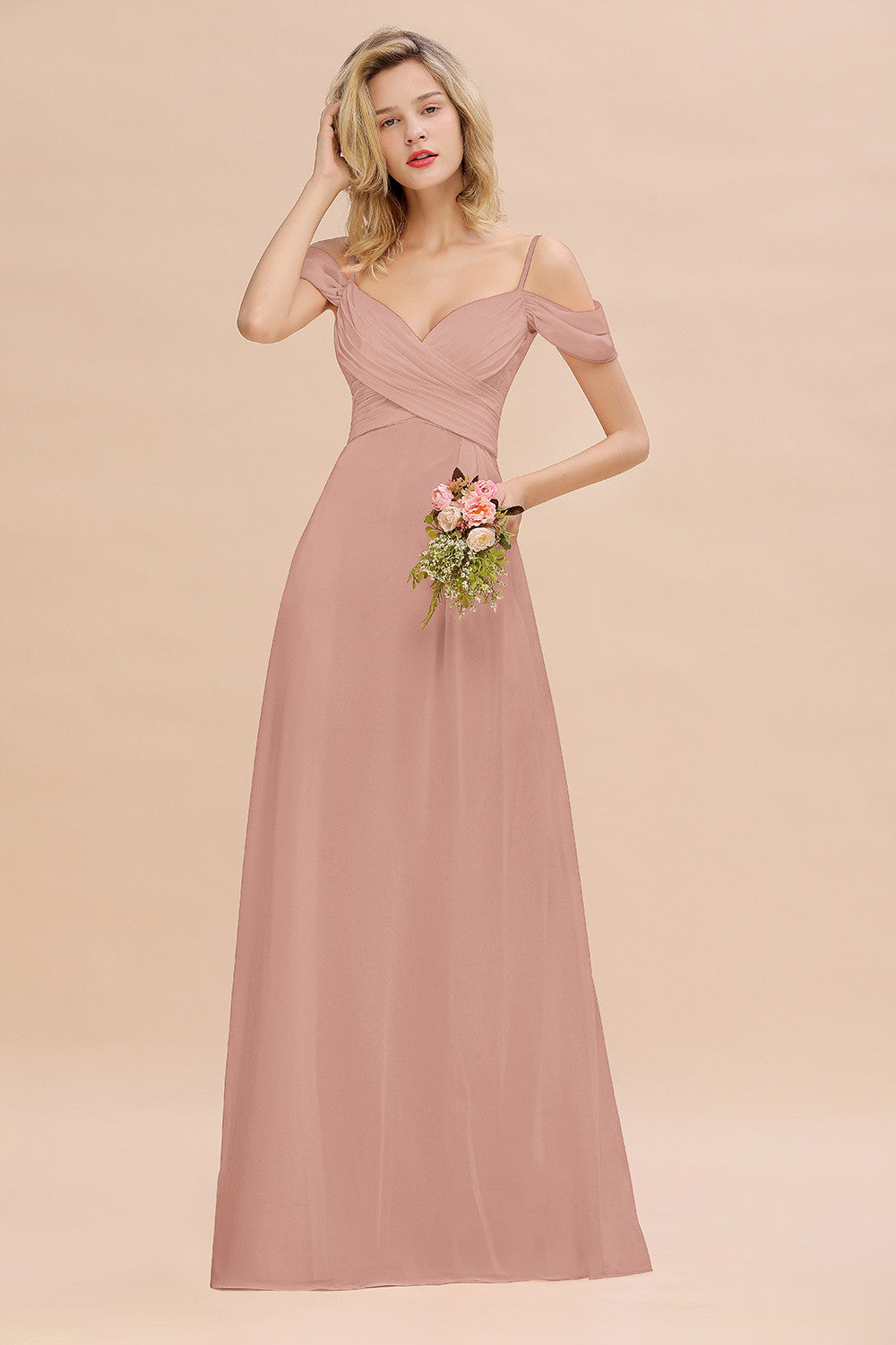 Off-the-Shoulder Sweetheart Ruched Long Bridesmaid Dress Online-27dress