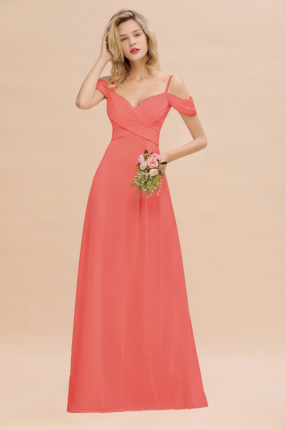 Off-the-Shoulder Sweetheart Ruched Long Bridesmaid Dress Online-27dress