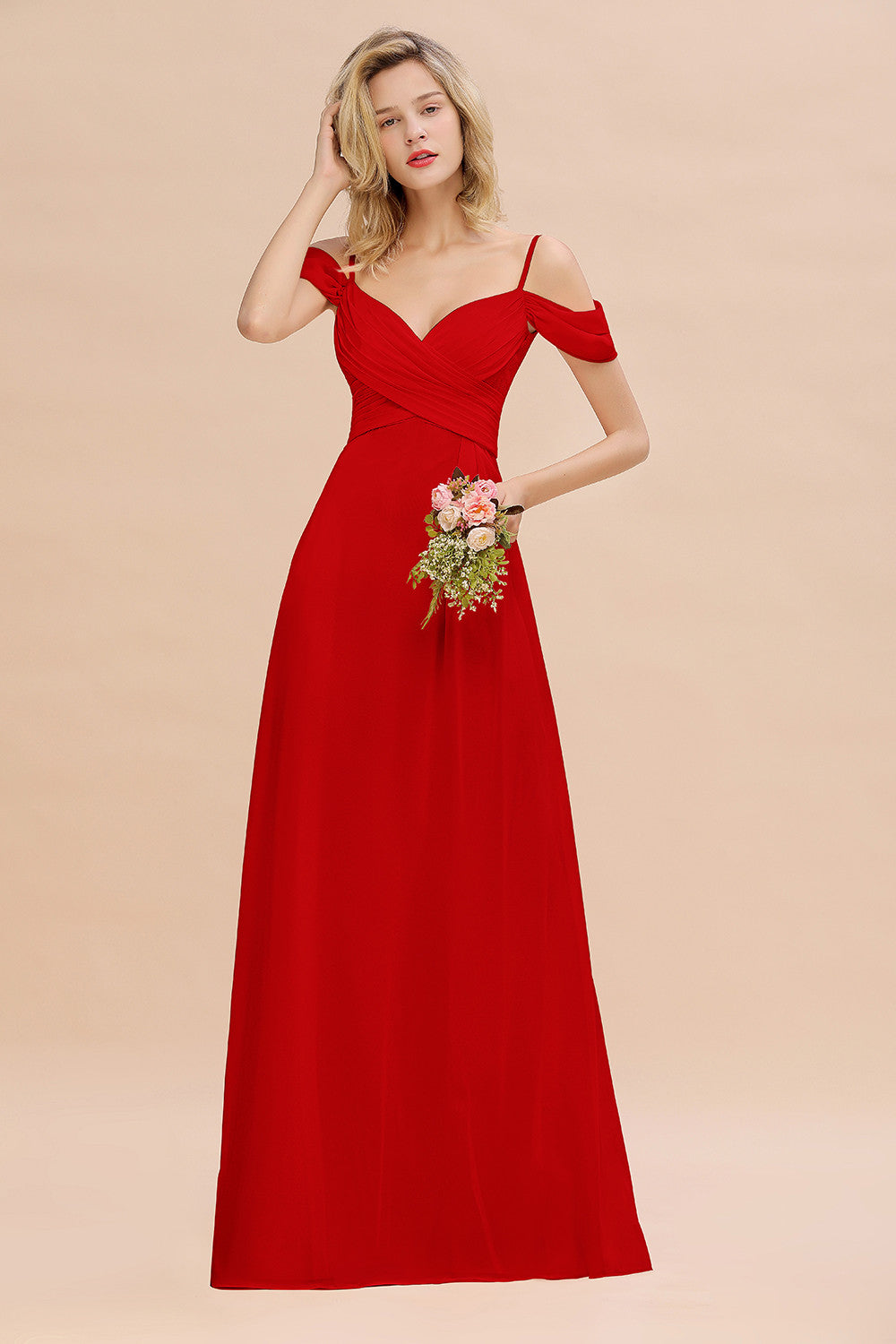 Off-the-Shoulder Sweetheart Ruched Long Bridesmaid Dress Online-27dress