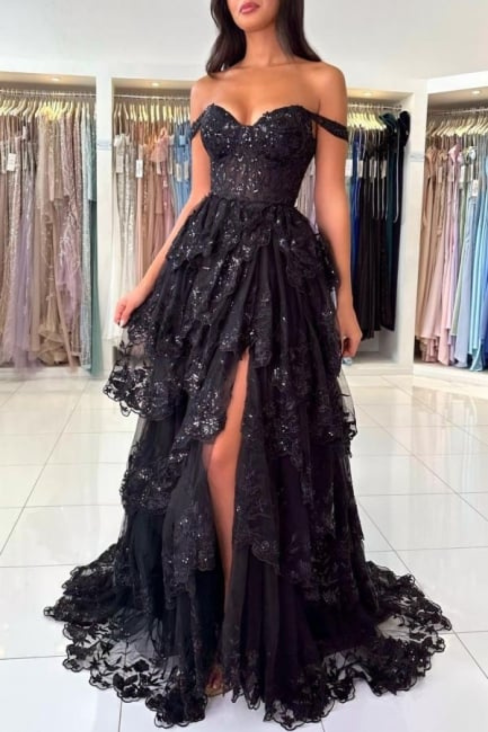 Off-the-shoulder Tulle A-line Long Prom Dress with Lace Applique-27dress