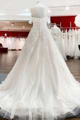 Off The Shoulder Tulle Lace Ivory Ruffles A-Line Wedding Dresses-27dress