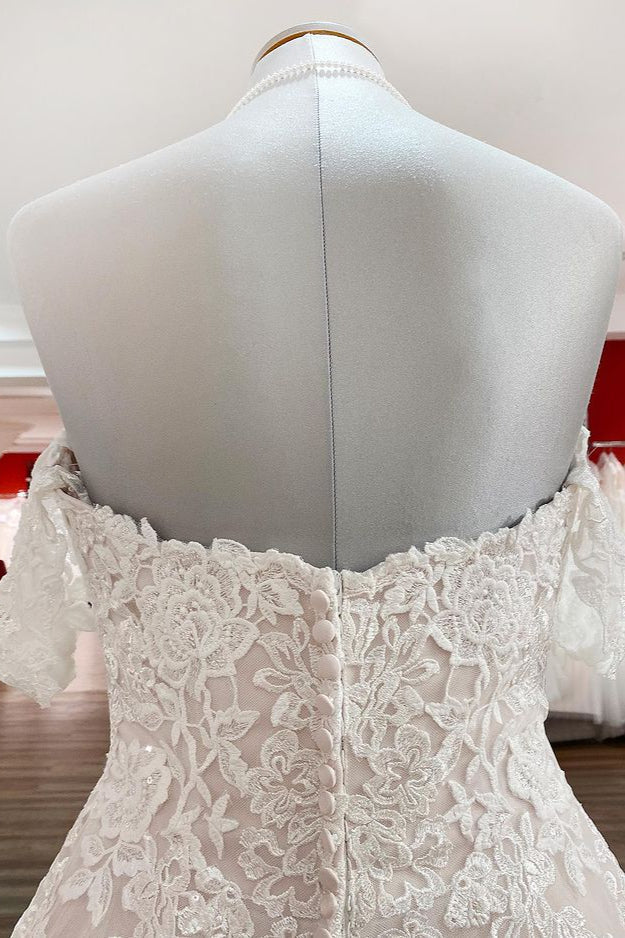 Off The Shoulder Tulle Lace Ivory Ruffles A-Line Wedding Dresses-27dress