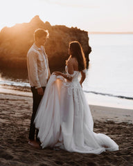 Off-the-Shoulder Tulle Wedding Dress Lace Appliques Long-27dress