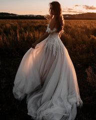 Off-the-Shoulder Tulle Wedding Dress Lace Appliques Long-27dress