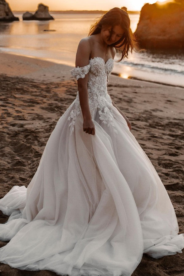 Off-the-Shoulder Tulle Wedding Dress Lace Appliques Long-27dress