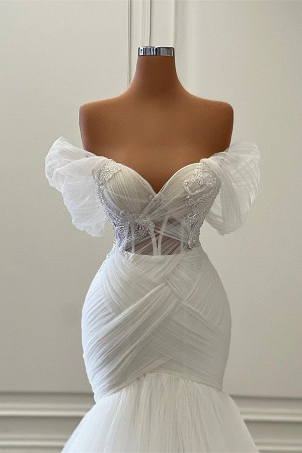 Off-the-Shoulder Tulle Wedding Dress Mermaid Long-27dress