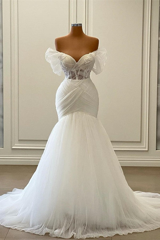 Off-the-Shoulder Tulle Wedding Dress Mermaid Long-27dress