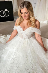 Off-the-Shoulder Tulle Wedding Dress Princess With Pearls-27dress