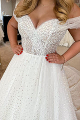 Off-the-Shoulder Tulle Wedding Dress Princess With Pearls-27dress