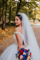 Off-the-Shoulder V-Neck Ball Gown Wedding Dress With Appliques-27dress