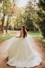 Off-the-Shoulder V-Neck Ball Gown Wedding Dress With Appliques-27dress