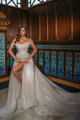 Off-the-Shoulder Wedding Dress Beadings With Split Overskirt-27dress