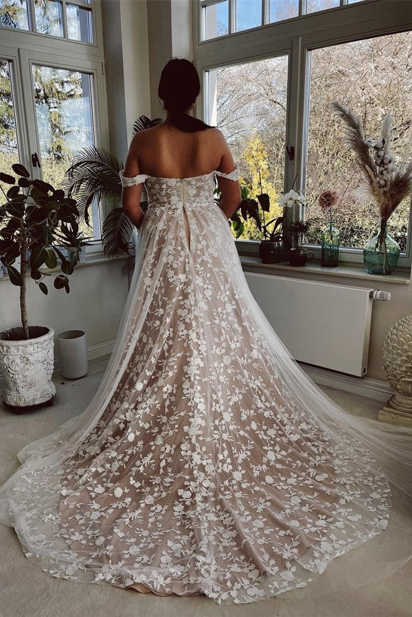 Off-the-Shoulder Wedding Dress Champagne Lace Appliques-27dress