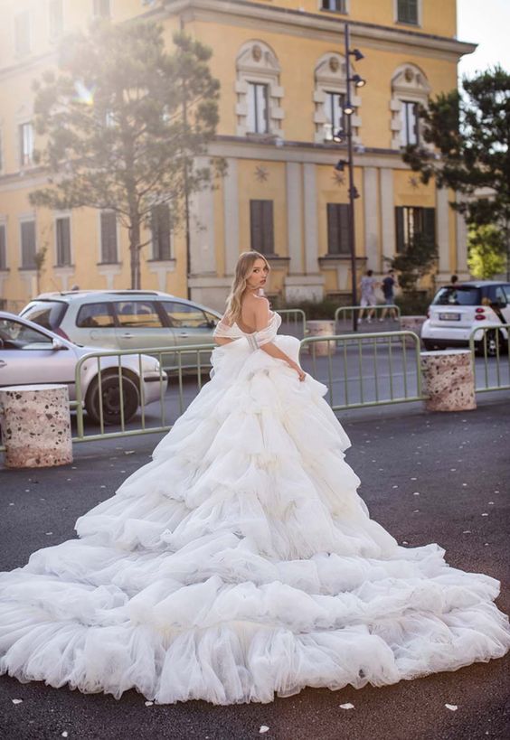 Off-the-Shoulder Wedding Dress Tulle Layered On Sale-27dress