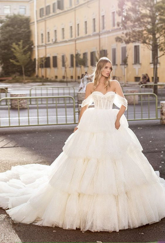 Off-the-Shoulder Wedding Dress Tulle Layered On Sale-27dress
