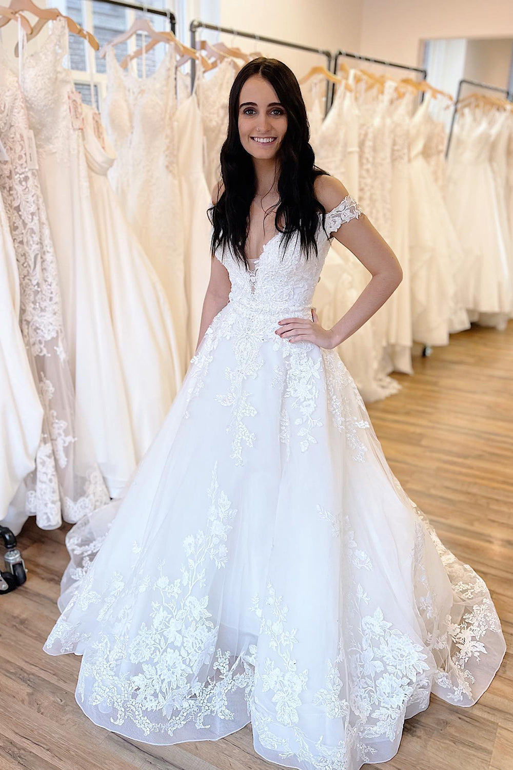 Off-the-Shoulder Wedding Dress White White Princess Long-27dress