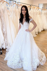 Off-the-Shoulder Wedding Dress White White Princess Long-27dress