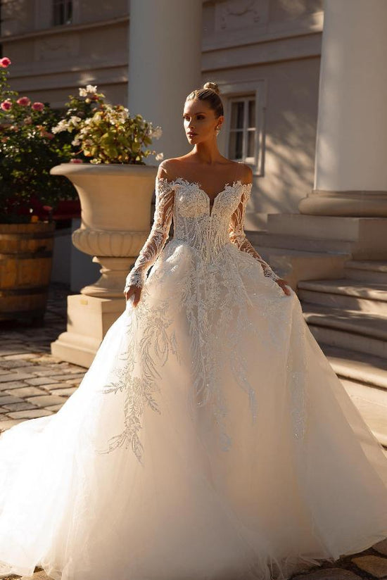 Off-the-Shoulder Wedding Dresses Ball Gown With Lace Long Sleeves-27dress