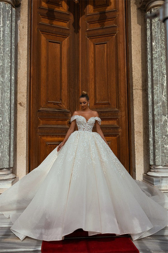 Off-the-Shoulder Wedding Gown Tulle With Appliques-27dress