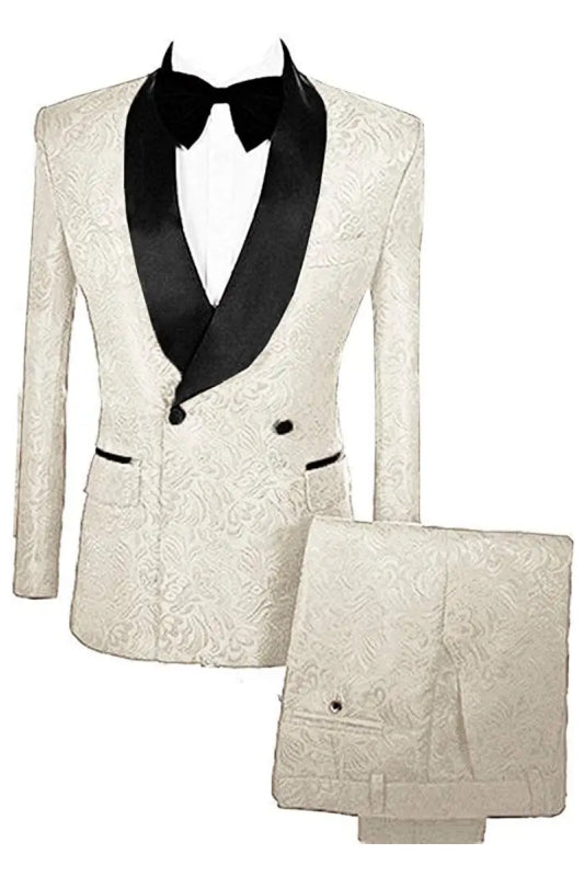 Off Double Breasted Jacquard Chic White Wedding Suits With Velvet Lapel