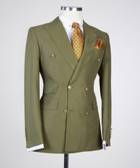 Peaked Lapel Double Breasted Close Fitting Olive Green Prom Suits