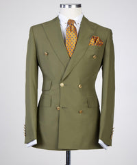 Peaked Lapel Double Breasted Close Fitting Olive Green Prom Suits