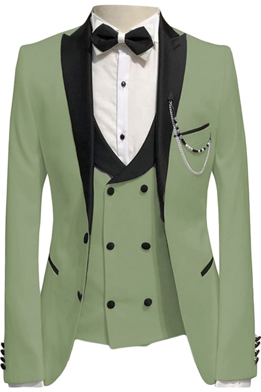 Peaked Lapel Three Pieces Fancy Olive Green Prom Suits