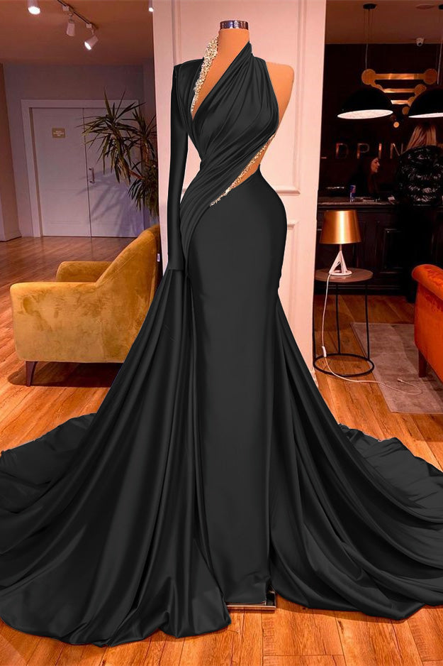 One Shoulder Long Beading Prom Dress Mermaid With Long Sleeve