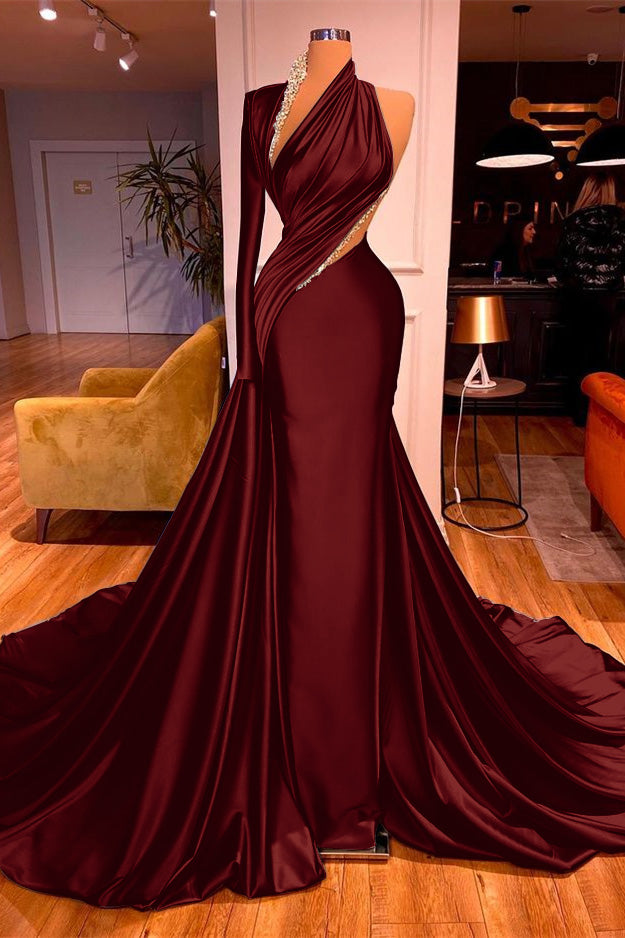 One Shoulder Long Beading Prom Dress Mermaid With Long Sleeve