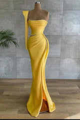 One Shoulder Long Sleeve Long High Split Prom Dress With Beading