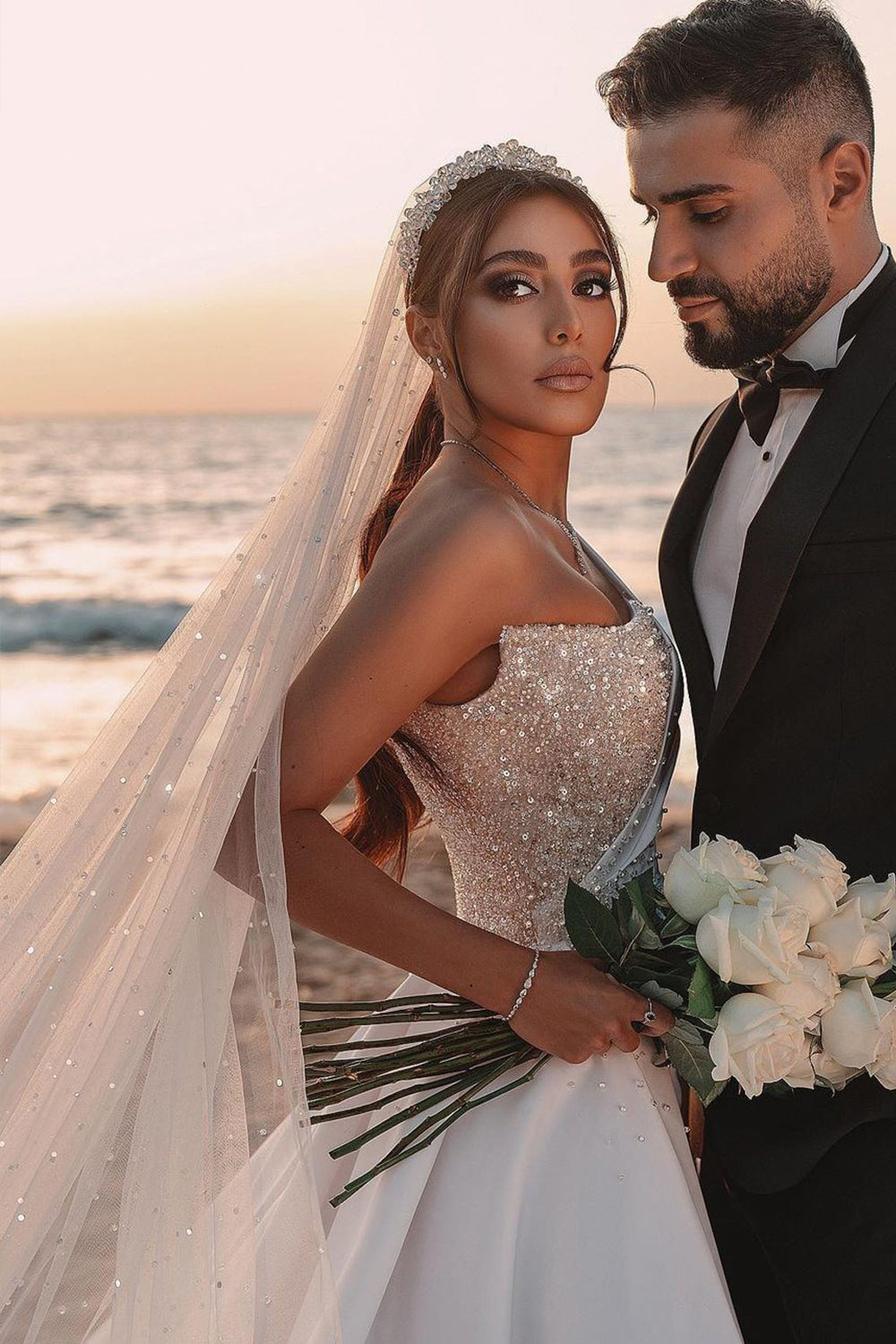 one shoulder wedding dress with veil One-Shoulder Mermaid Wedding Dress: Beaded Bodice, 3D Flowers, Tulle Train