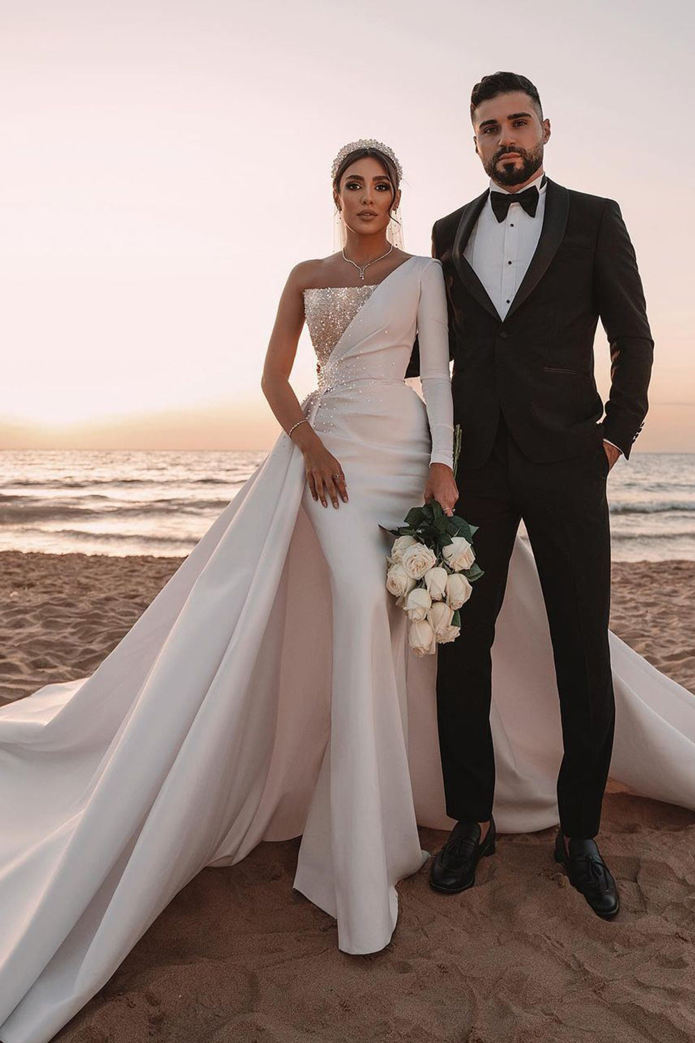 one shoulder sleeve wedding dress Charming One Shoulder Long Sleeves Mermaid Wedding Dress With Ruffles Long