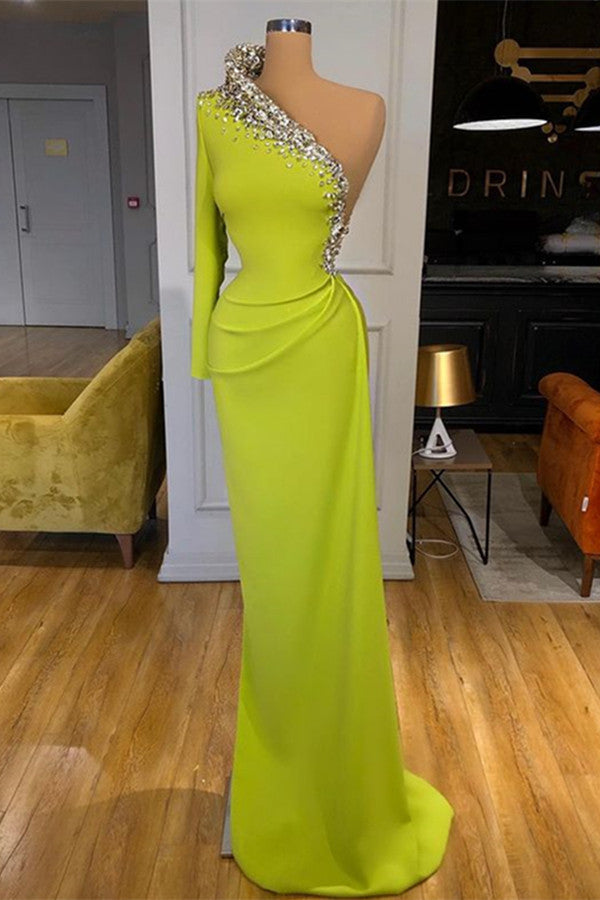 One Shoulder Mermaid Green Beadings Pleated Prom Dress With Long Sleeve