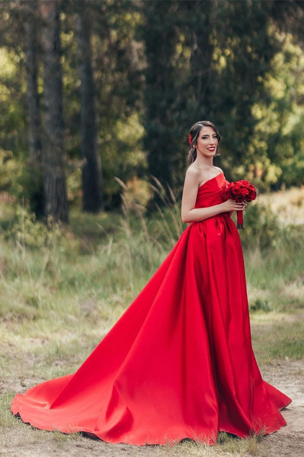One Shoulder Red Wedding Dress Princess Long Wedding Reception Dress-27dress