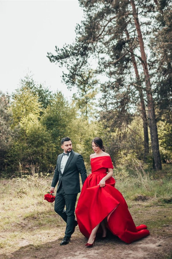 One Shoulder Red Wedding Dress Princess Long Wedding Reception Dress-27dress